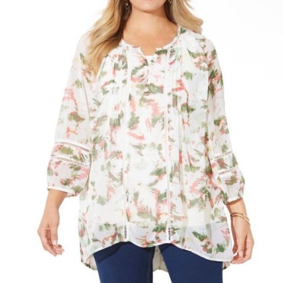 This CATHERINES lightweight peasant top Soft,lightweight  soft crinkle chiffon3X - Picture 1 of 8